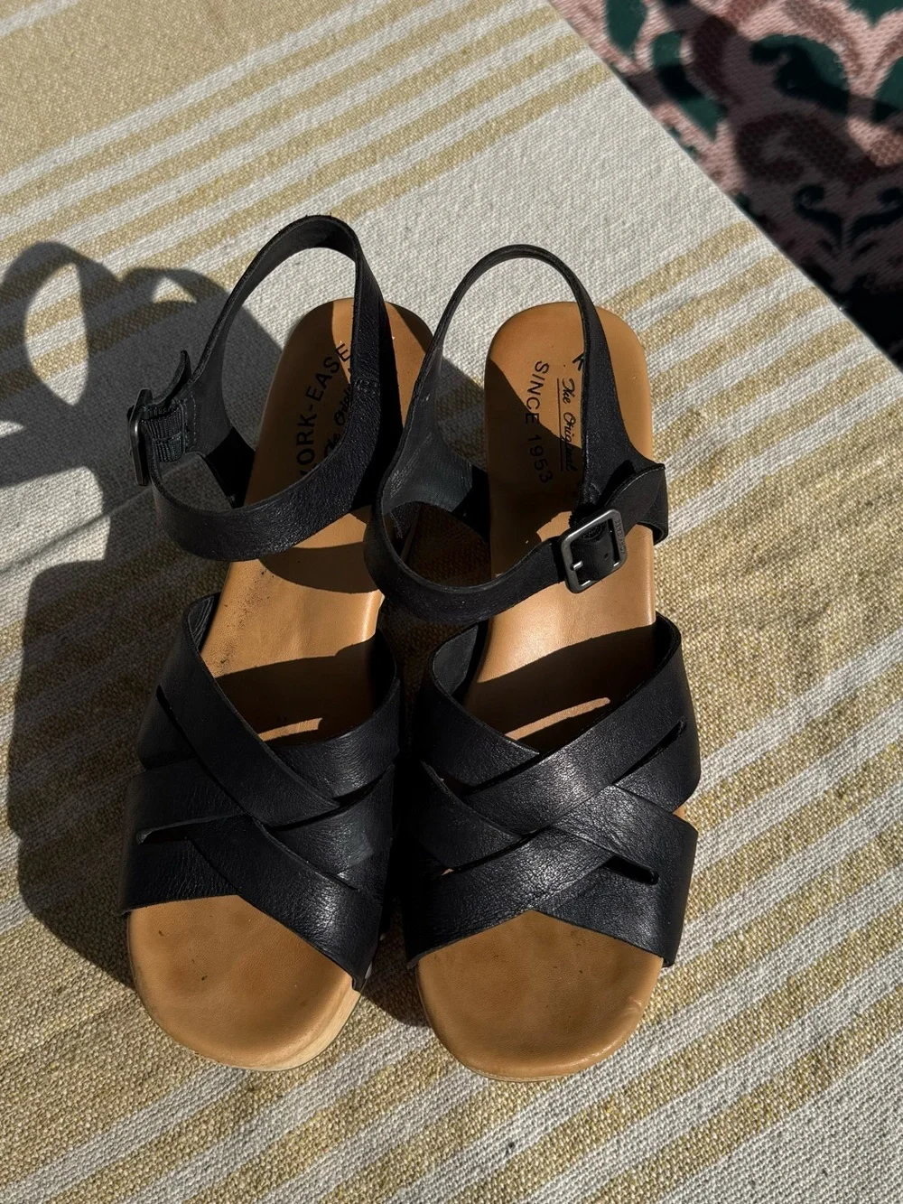 Kork-Ease Black Leather Platform Clogs with Buckle Strap